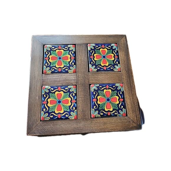 Ceramic Tile Top Wood Storage Trinket Jewelry Decor Rustic Box Mexico 6.5"x6.5" - Picture 2 of 9